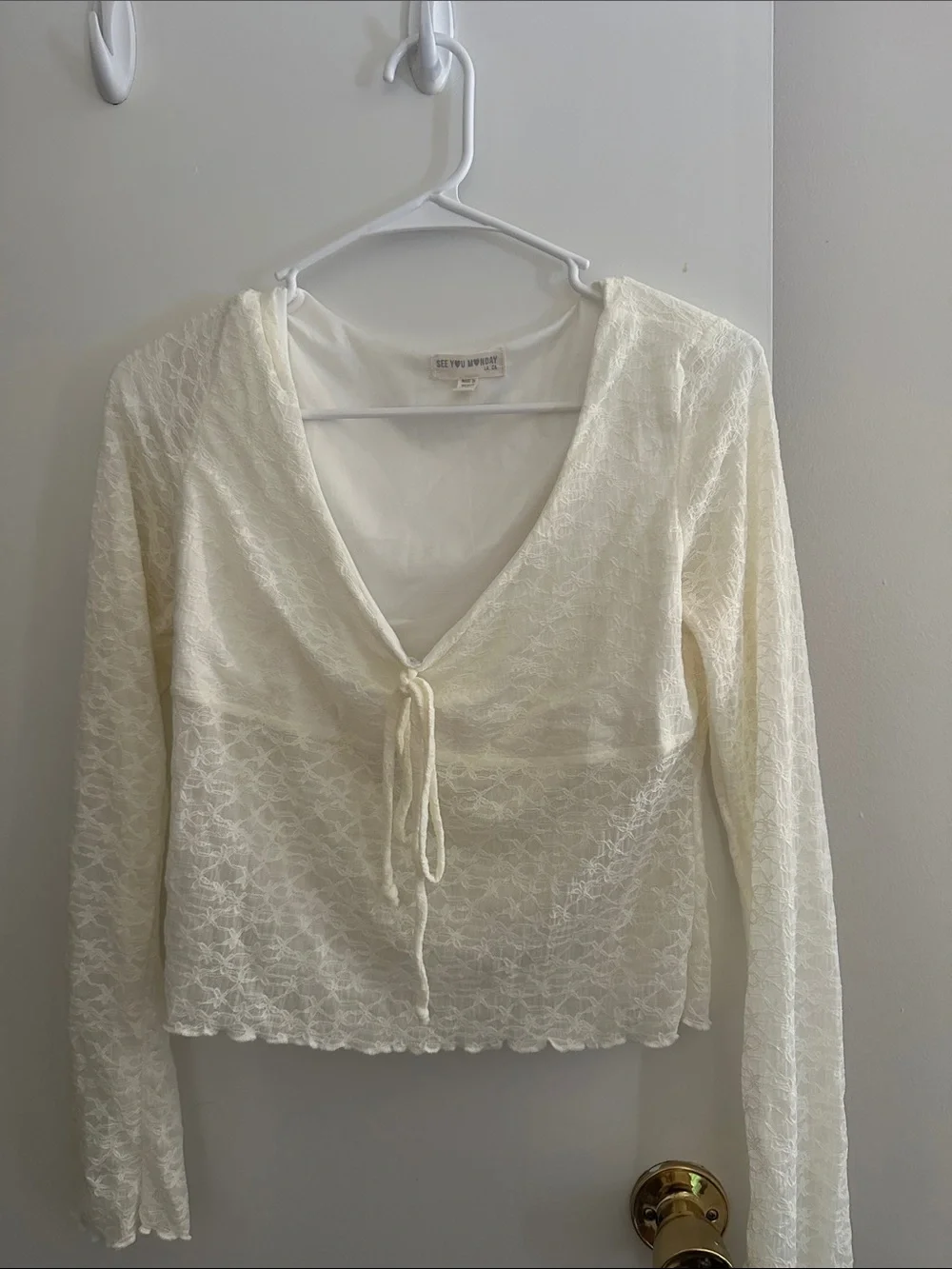 Cream Lace Tie-Front V-Neck Blouse